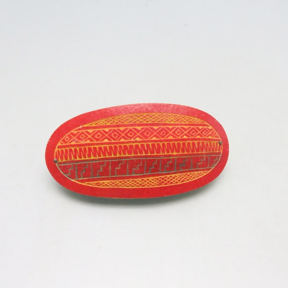 Vintage Red and Yellow Carved Wood Hair Barrette Southwestern