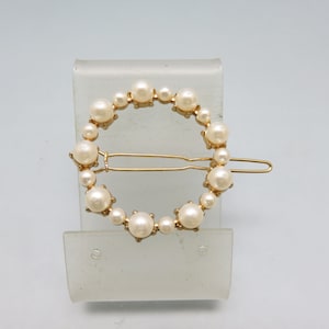 Gold and White Faux Pearl Circle Hair Barrette, Vintage, Smaller Barrette