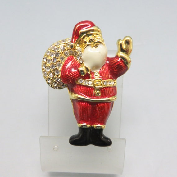 Vintage Christmas Santa Brooch 1980s Rhinestone and Enamel