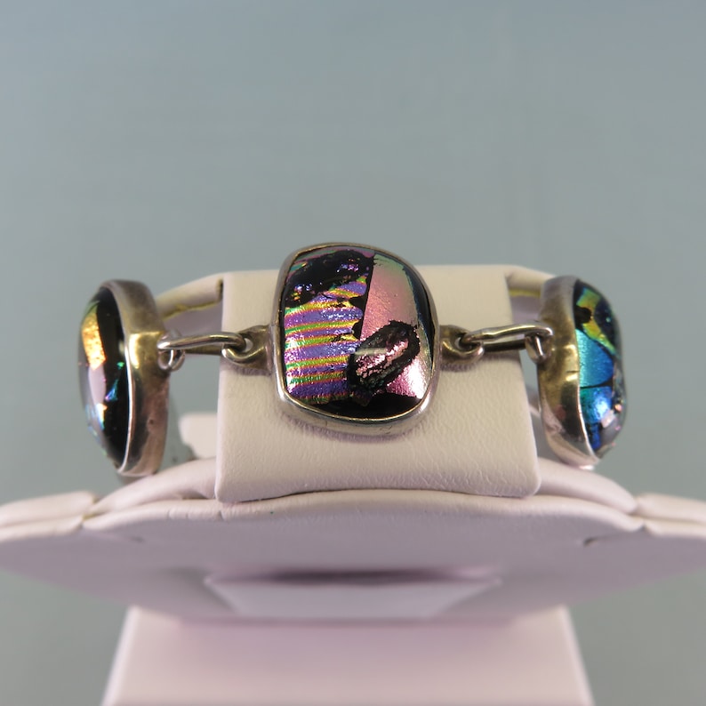 Sterling and Dichroic Glass Link Bracelet Vintage 7.50 Inches