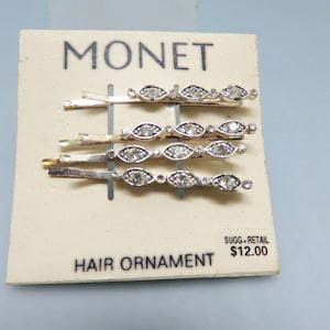 Monet Quartet of Vintage Rhinestone Bobby or Hair Pins, Silvertone Metal