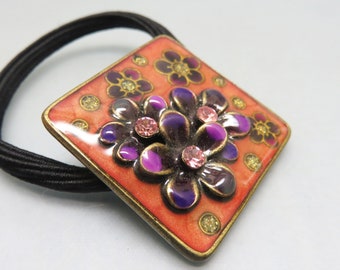 Vintage  Floral Rhinestone  Ponytail Holder, Black Elastic Band, Purple Flowers