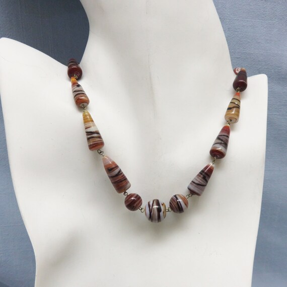 Brown and White Art Glass Beaded Necklace, Vintag… - image 4