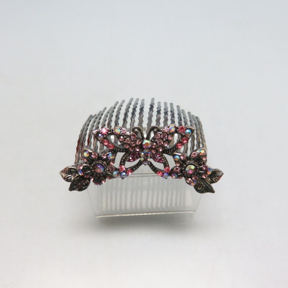 Vintage Pink Rhinestone Butterfly Hair Comb, Femi… - image 2