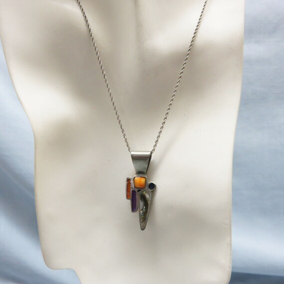 Sterling BoHo Stone, Shell and Enamel Pendant Nec… - image 6