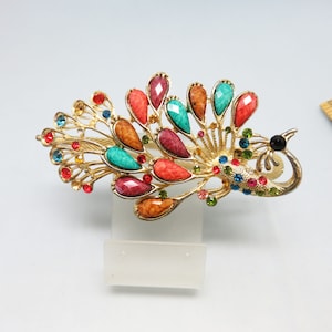 Vintage Huge Autumn Hued and Rhinestone Peacock Hair Clip