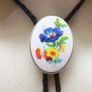 Vintage Resin Floral Transferware Bolo Tie,  Handmade, White Background
