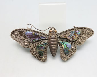 Magnificent Alpaca Silver and Abalone Shell Moth Hair Barrette, Exquisite Detail