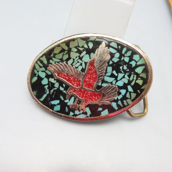 Boucle De Ceinture Vintage Indienne - Tête D'Aigle, Dollars, Turquoise & Jaspe Rouge | Largeur 40mm
