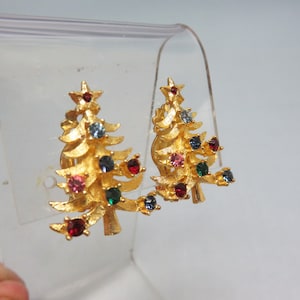 Rhinestone Christmas Tree Clip Earrings, Vintage 1960s, Adorable