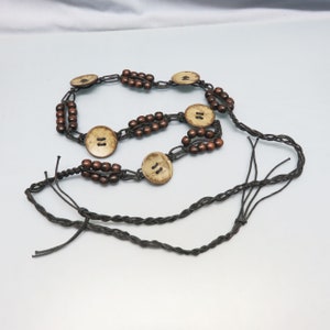 Vintage Ethnic Cord Belt, Cocoanut Shell Buttons and Wood Beads,  49 inches