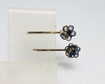 Blue Rhinestone Flower Design Bobby or Hair Pins, Vintage, Set of 2