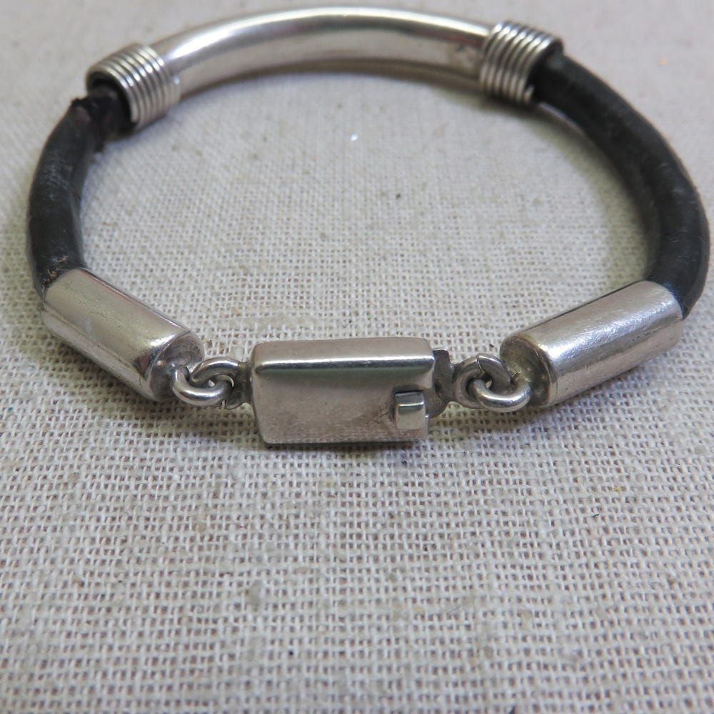 Vintage Mexican Sterling Silver Leather Bracelet: Unisex Western