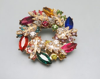 Multi Color  Rhinestone Brooch, 1960s Vintage Layed Brooch