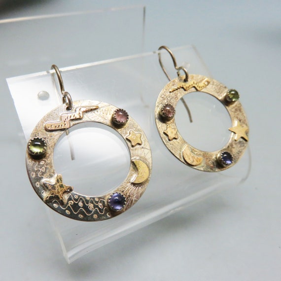 Sterling Silver Hoop and Star Dangle Pierced Earr… - image 1