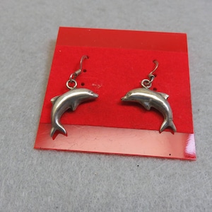 1980s Sterling Silver Dolphin Pierced Earrings, Three Dimensional Dolphin Earrings