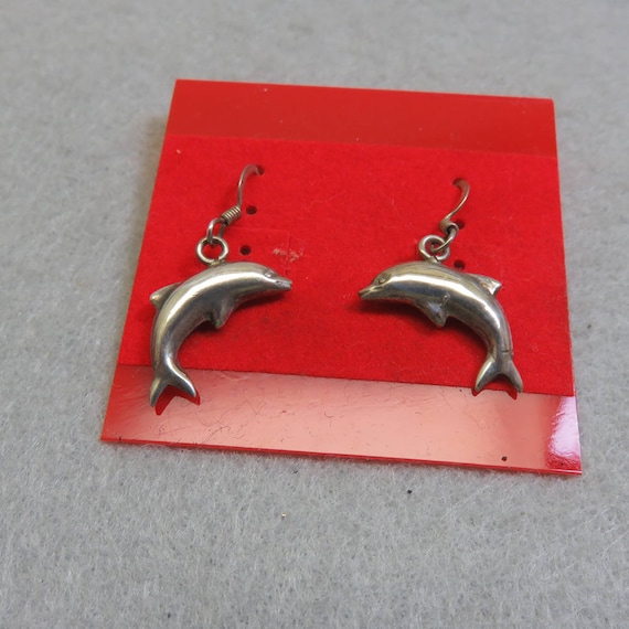 1980s Sterling Silver Dolphin Pierced Earrings, T… - image 1