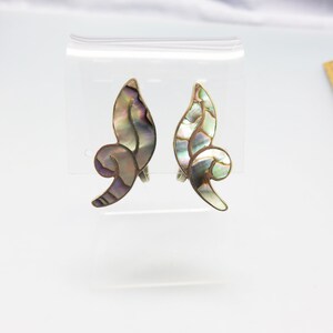 May include: A pair of silver clip-on earrings with a swirl design made from iridescent abalone shell.