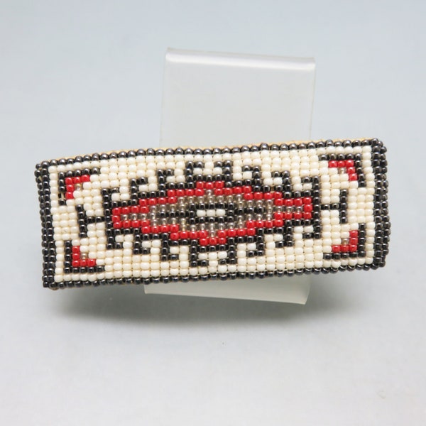 Vintage  Native American Style Beaded Barrette, White Background, Hematite and Red Glass Beads