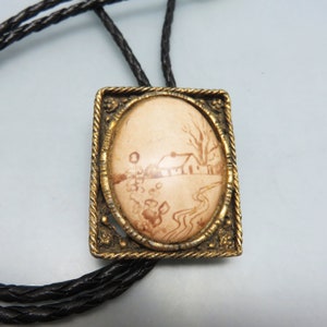 Vintage Porcelain Hand Painted Cabin Scene Bolo Tie, Rockin JK Designs