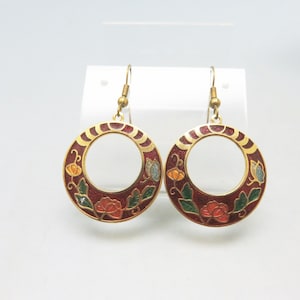 Rust Red, Pink and Green Cloisonne&#39; Earrings, Flower Earrings, Vintage, Pierced Hoops