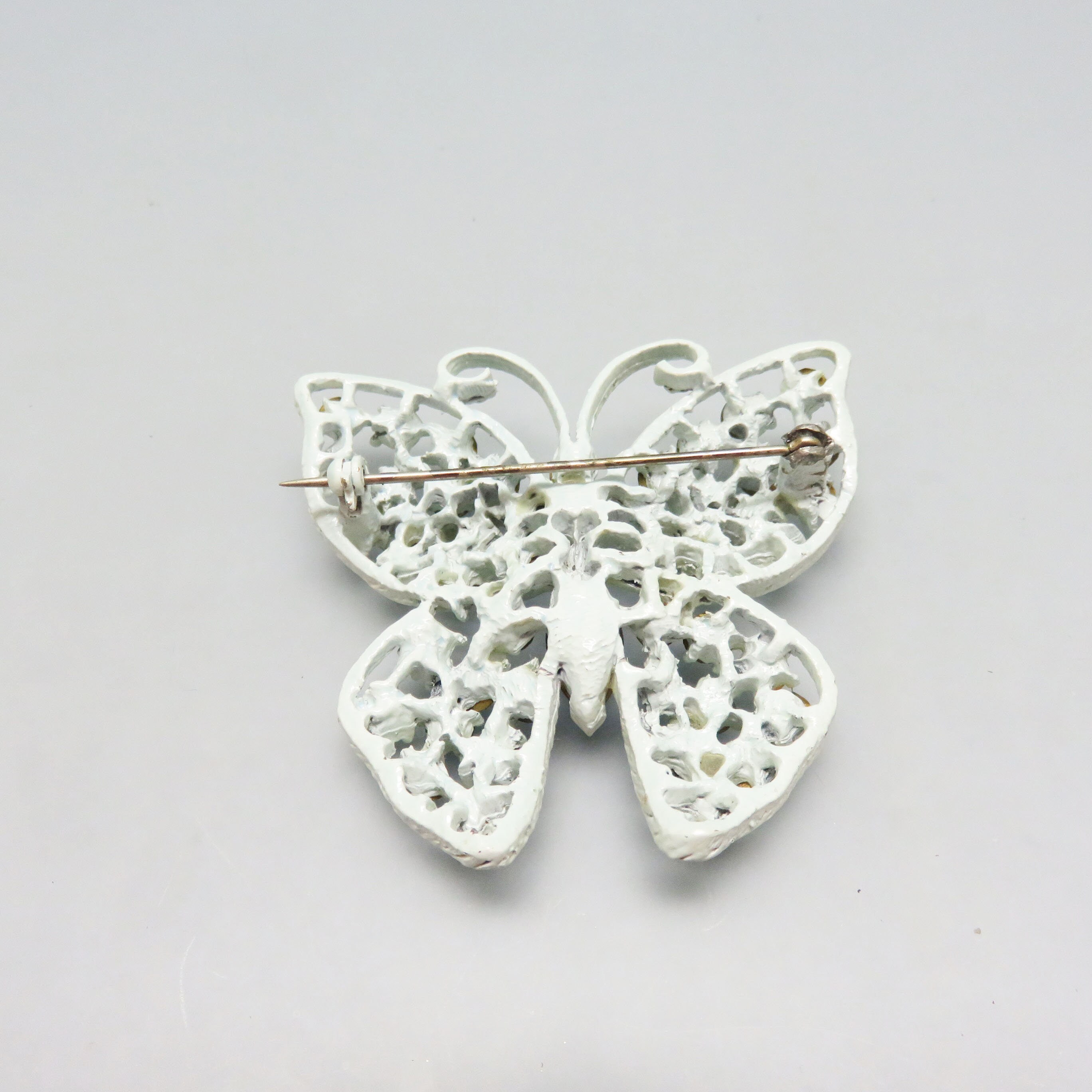 Large 1960s Blue Rhinestone Butterfly Pin, Blue Japaned