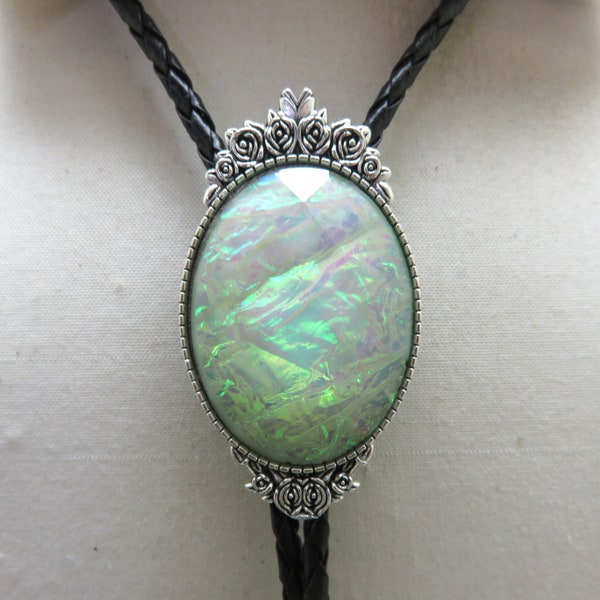 Vintage Opal or Opaline  Bolo Tie, Faceted Acrylic Stone, Silvertone Setting