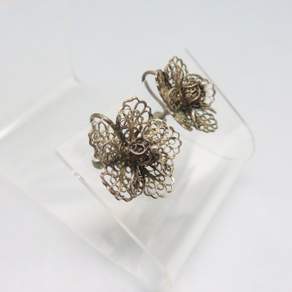 Sterling Silver Flower Screw Back Earrings,  Vint… - image 2