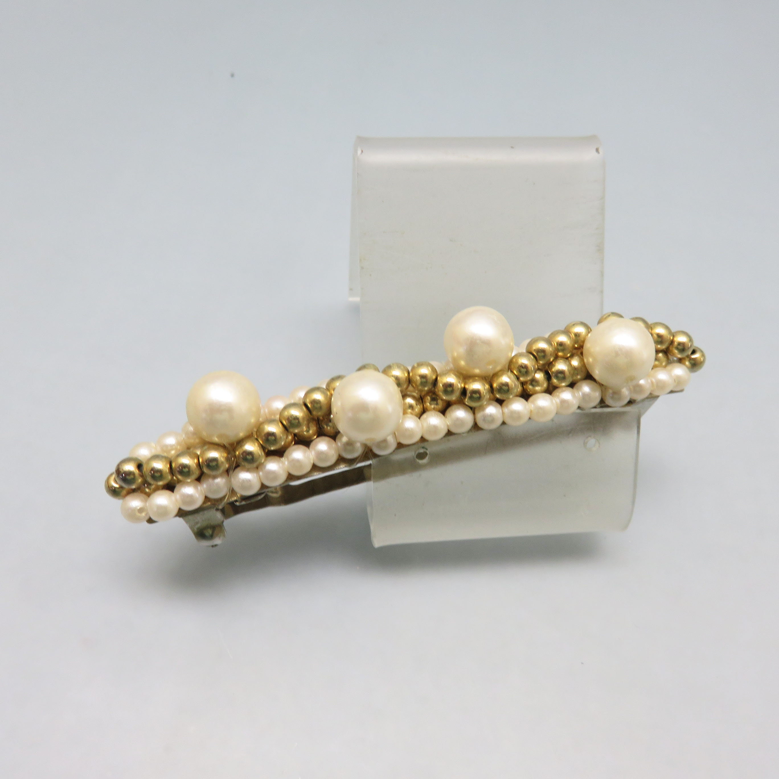 Lot of 5 Vintage Barrettes Pearl/Gold Wood and Beadwork Hair Clips NOS Vintage Pearl Hair Clip, Unworn Handmade Vintage 90s  main image 4