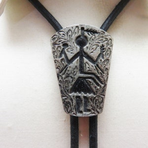 Vintage Pewter Look Native Dancer Bolo Tie: 36&quot; Fabric String