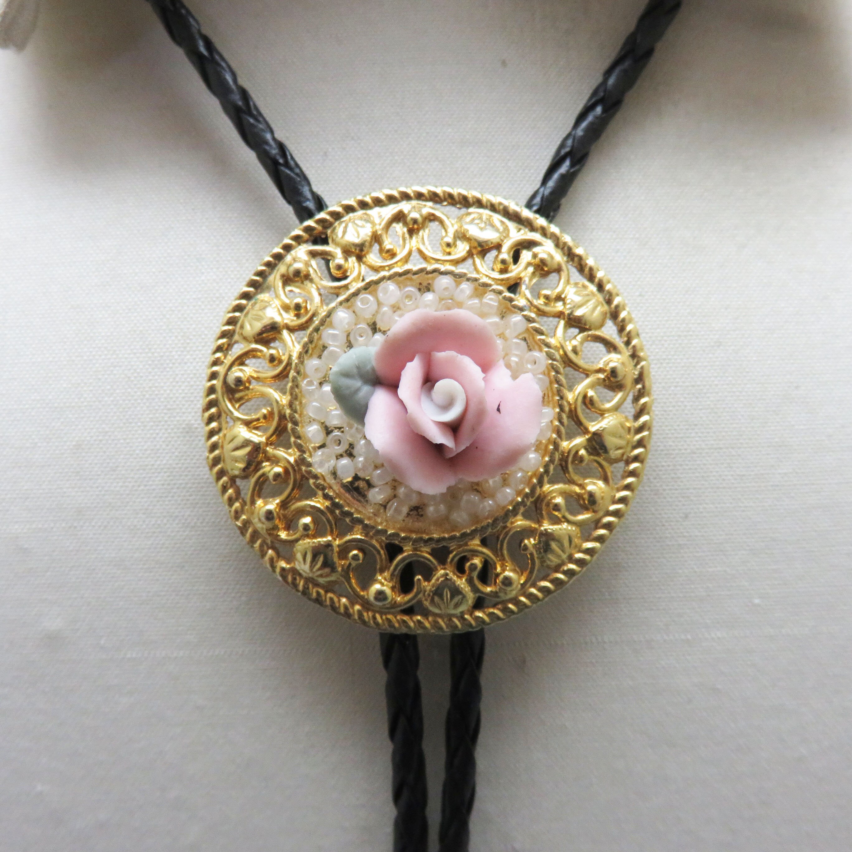 Vintage Bisque Porcelain Flower Bolo Tie, Handmade Victorian Style