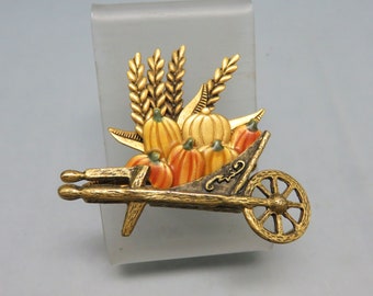Autumn Pumpkin Cart  Fashion Pin,  Vintage Pumpkins & Wheat Pin
