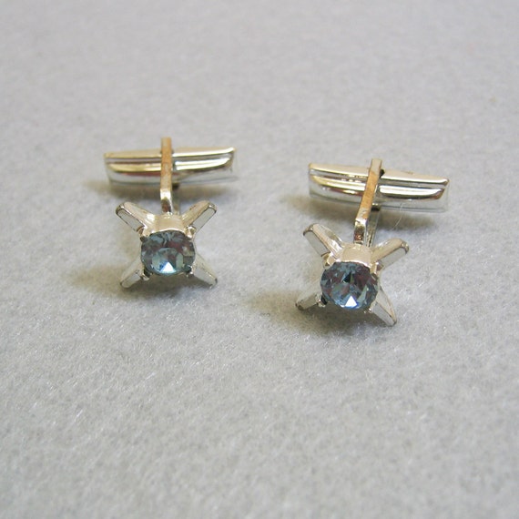 Mint Blue Rhinestone Cufflinks, Silvery Metal, St… - image 1