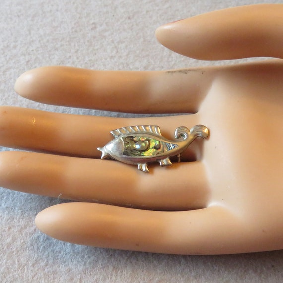 Abalone Shell Tiny SailFish Brooch, Silver Alpaca… - image 2
