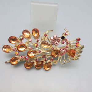 Vintage Huge Citrine Gold Rhinestone Peacock Hair Clip