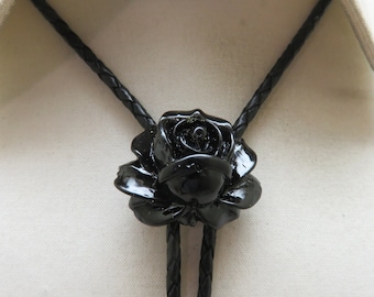 Vintage Black Resin Rose Flower Bolo Tie