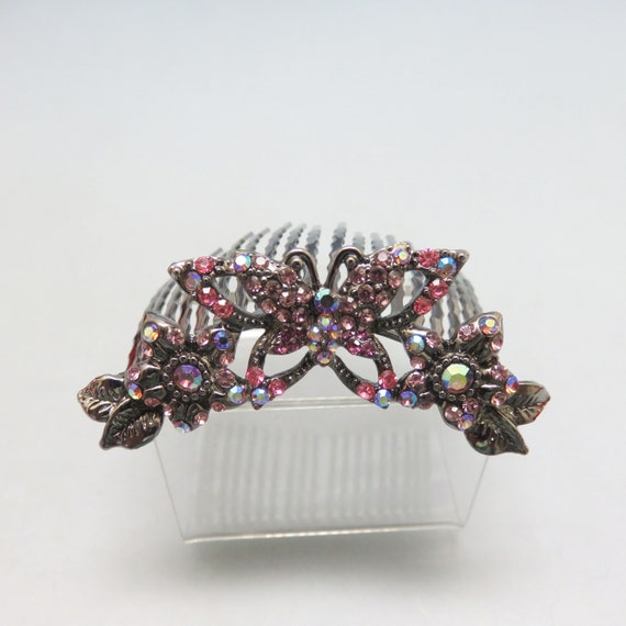 Vintage Pink Rhinestone Butterfly Hair Comb, Femi… - image 1