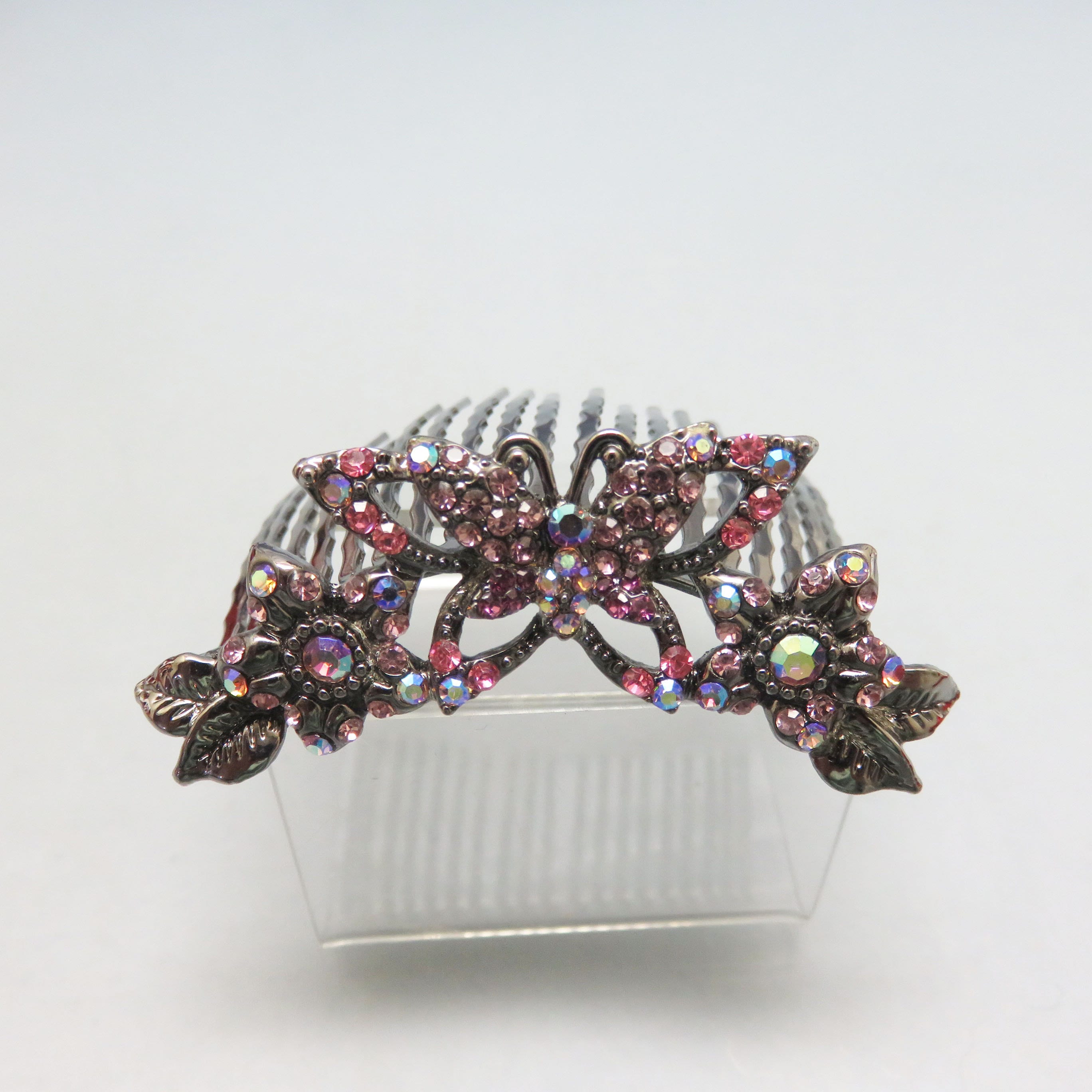 Vintage Pink Rhinestone Butterfly Hair Comb: Floral  display picture 1