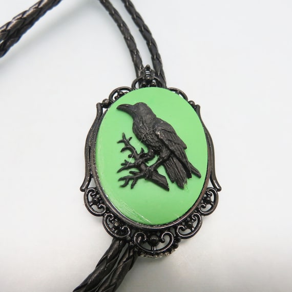 Black Raven Cameo Bolo Tie: Gothic Acid Green Jewelry