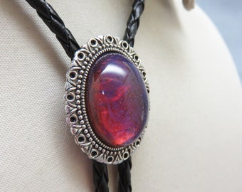 Victorian Style Dragon's Breath Glass Bolo Tie, Silvertone Metal, Braided Leather