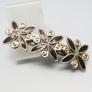 Vintage Silver and Black Enamel Barrette, 3.75 Inches Long