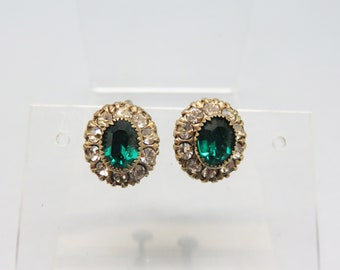 Screwback  Green Rhinestone Vintage Earrings, 1950 Victorian Revival Earrings