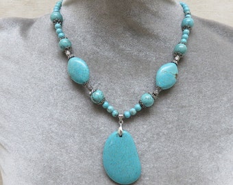 Southwestern Style Faux Turquoise Pendant Necklace, Big Turquoise Necklace