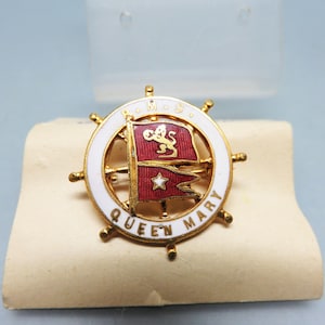 Red and White RMS Queen Mary Brooch, Vintage, Small Size, MINT