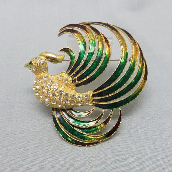 HUGE Rhinestone and Enamel Bird of Paradise Brooch