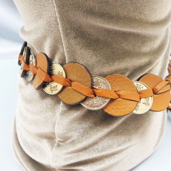 Vintage Leather and Oriental Coin Belt, 60 Inches, Very 