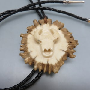 May include: A carved antler bolo tie featuring a buffalo skull design. The bolo tie is made of brown leather cord and has a silver clasp.