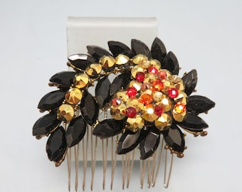Vintage Hair Comb with Yellow and Black Rhinestones Vintage 1950s Black and Gold Rhinestone Hair Combs - vintage  main image 4
