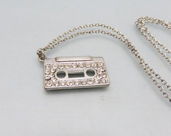 1970s Rhinestone Cassette Tape Necklace, Vintage, Cute! *