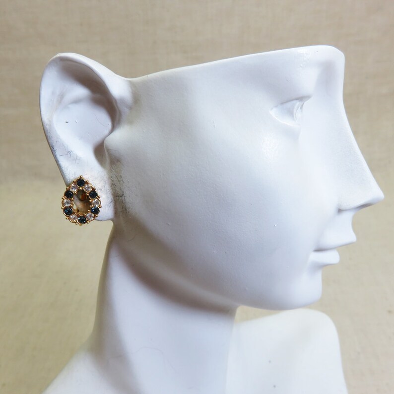 1980s Petite Clip On Earrings Dainty Vintage Clear and Blue Cubic Zirconia Clip Earrings